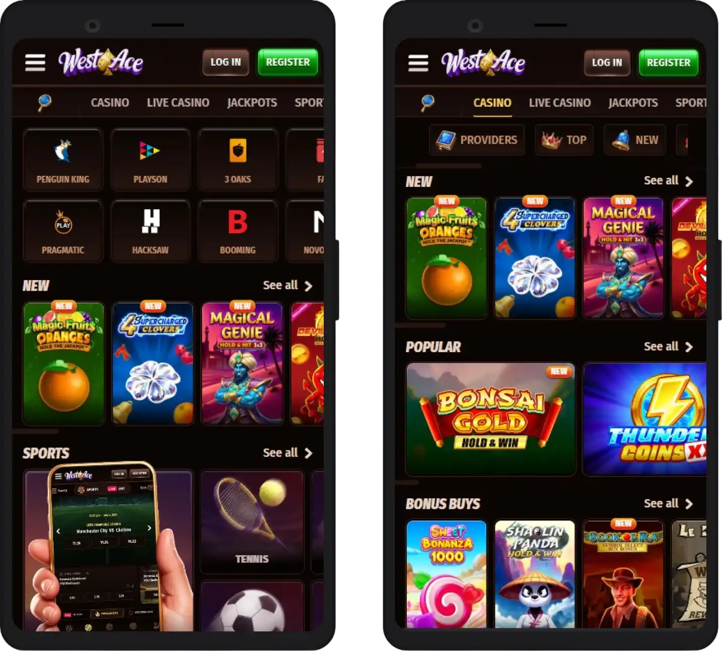 WestAce Casino mobile app interface for iOS and Android